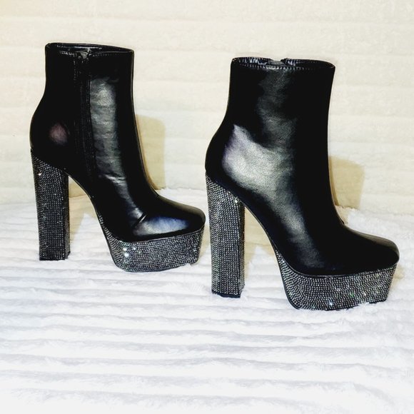 Nikki Black Leatherette Rhinestone Platform Chunky Heel Ankle Boots - Picture 13 of 17